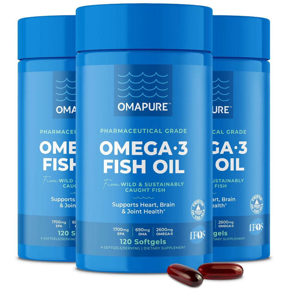OMAPURE Omega 3 Fish Oil Softgels - 3 Bottles, 120 Count, Supports Heart & Brain Health