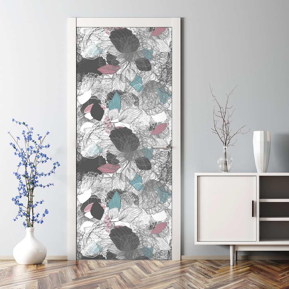 Abstract Floral Bubble Free Door sticker grey blue and white Decal large