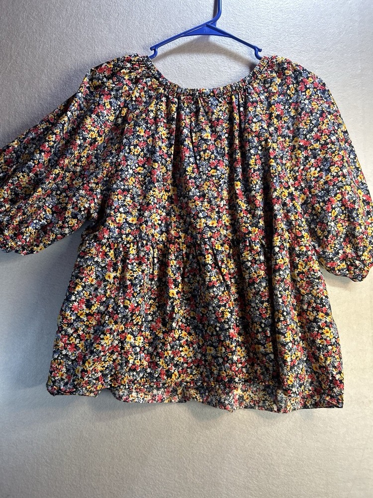 Old Navy Women's L Peasant Blouse Floral Scoop Neck 3/4 Sleeve Cotton Multi