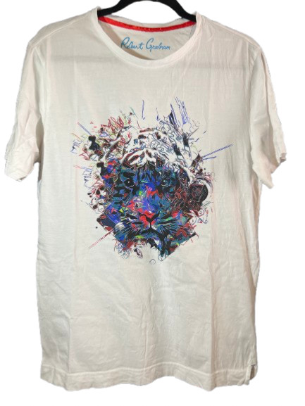 Robert Graham, Men's, Abstract Lion Crewneck T-shirt, White fish design, Size M.