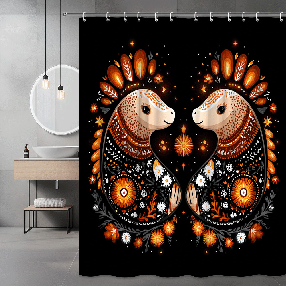 Boho Hedgehog Shower Curtain Black Orange Floral Graphic