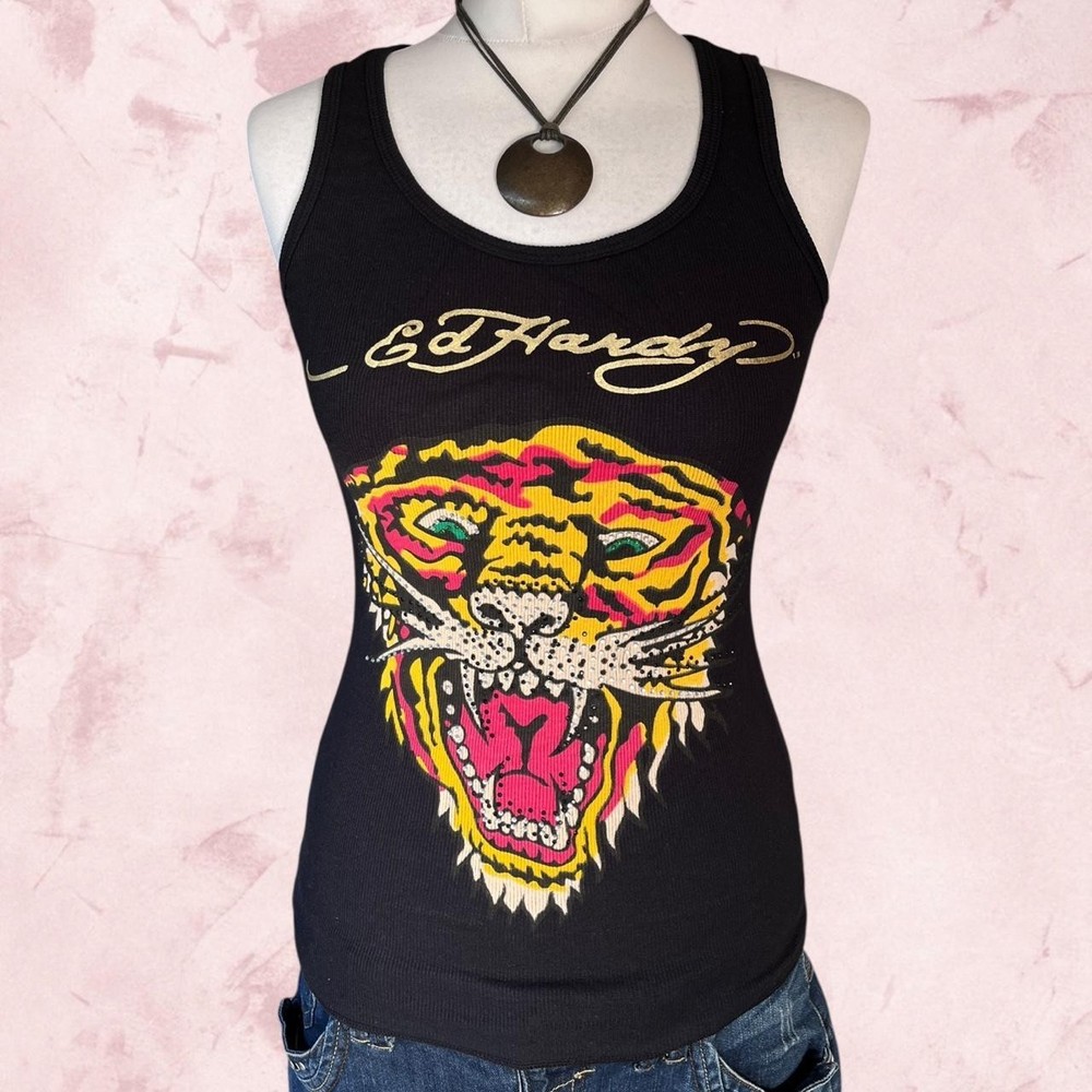 2000s Ed Hardy Tank Top Tiger Tattoo Graphic Size S Black and Gold Rhinestones