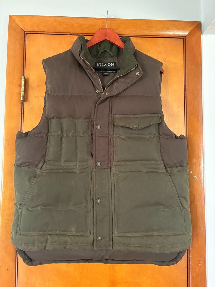 Filson Mens 100% Cotton Outer Shell Vest - Goose Down/Feather Fill - Large Grey