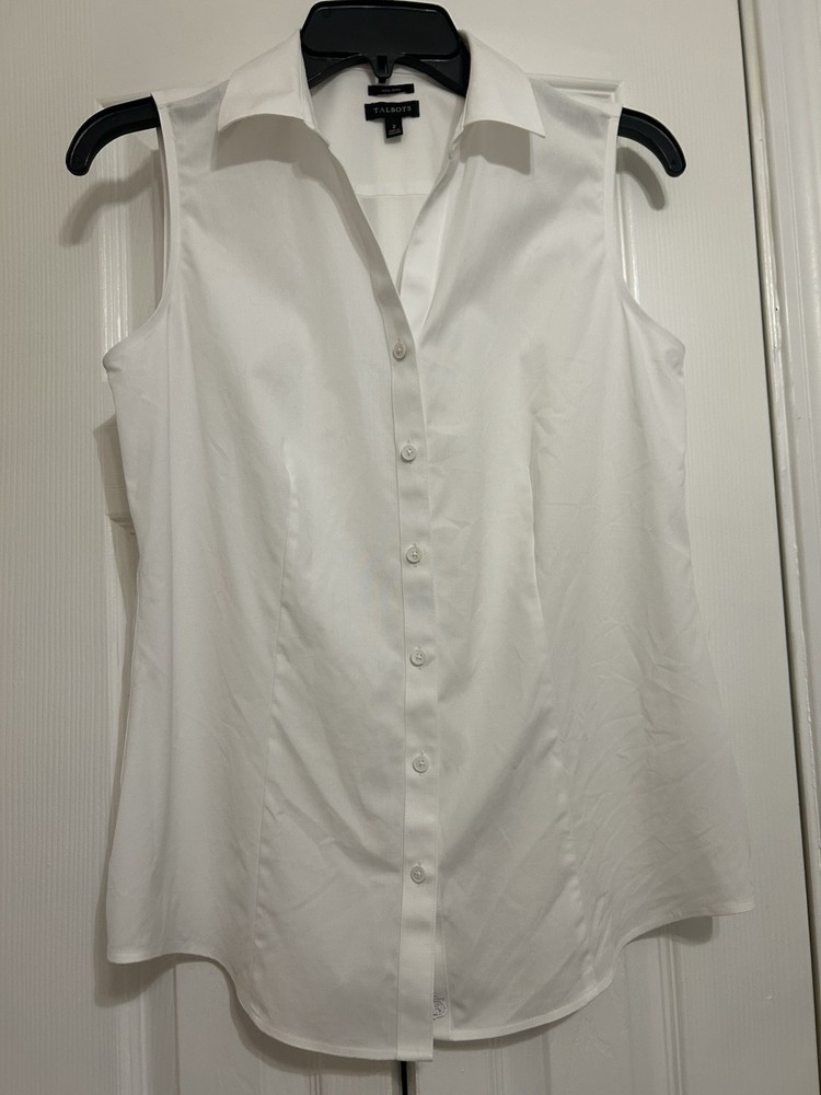 Talbots Women's White Sleeveless Button-Up Blouse Non-Iron Cotton Blend Size 2