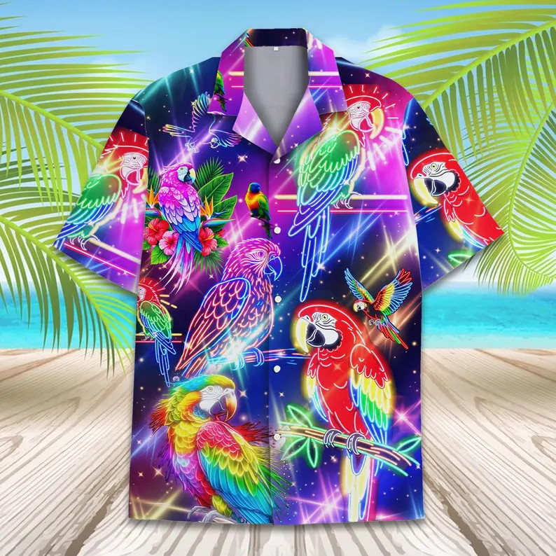 Neon Parrot Hawaii Shirt Men Women Tropical Beach Aloha Summer