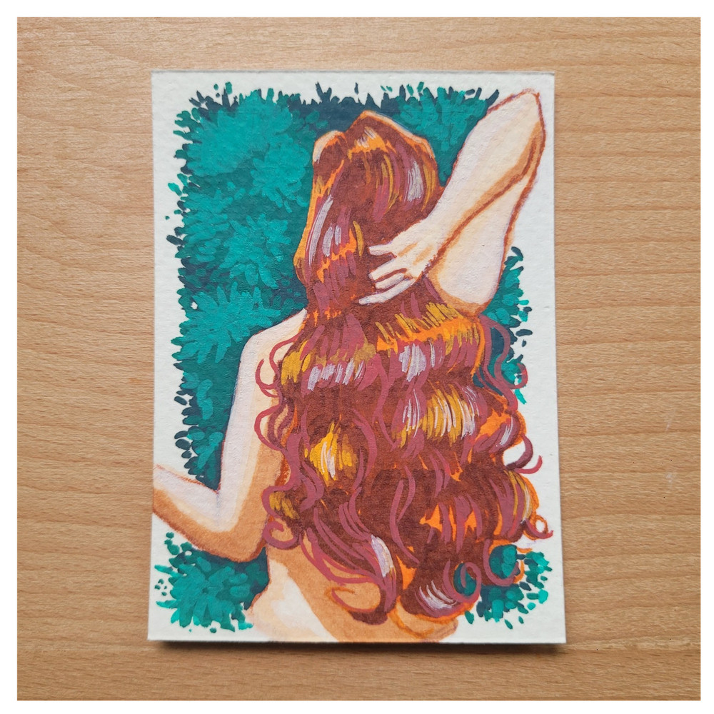 ACEO Original Woman With Long Red Hair Mixed Media Painting By InnyNieves