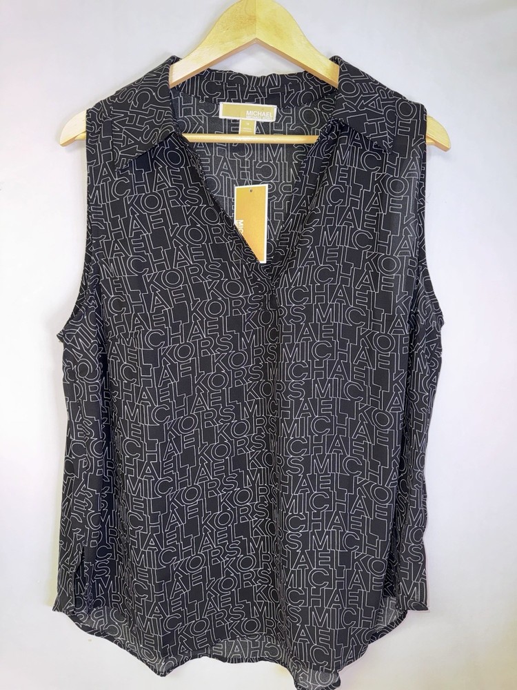 Michael Kors Sleeveless Logo Print Blouse Women’s Plus 1X Black White NWT