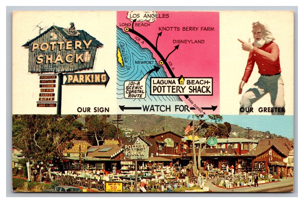 Laguna Beach CA Pottery Shack Multi View Unposted Chrome Postcard