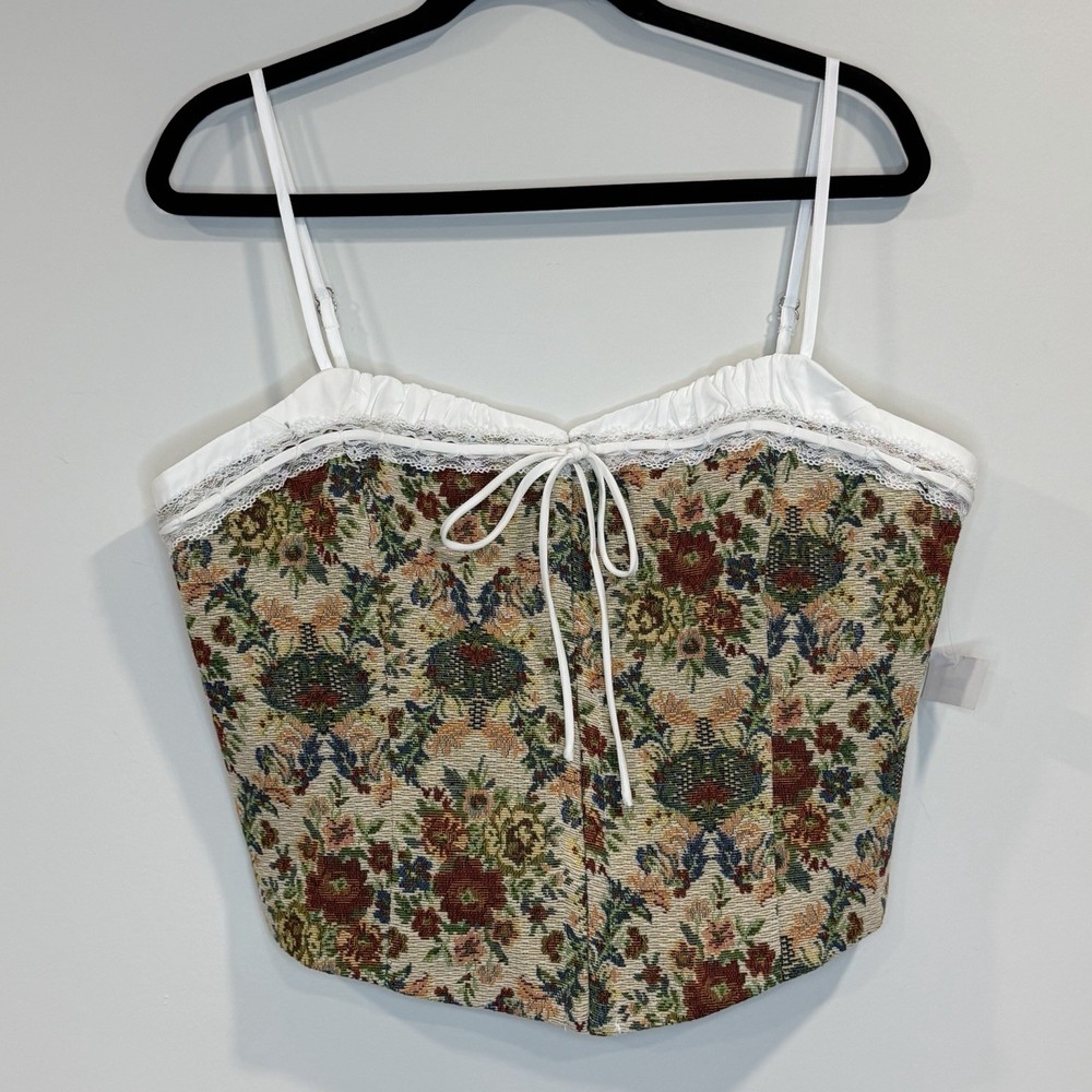 All in Favor Corset Style Bohemian Floral Tapestry  Lined Crop Top Size XL NWT