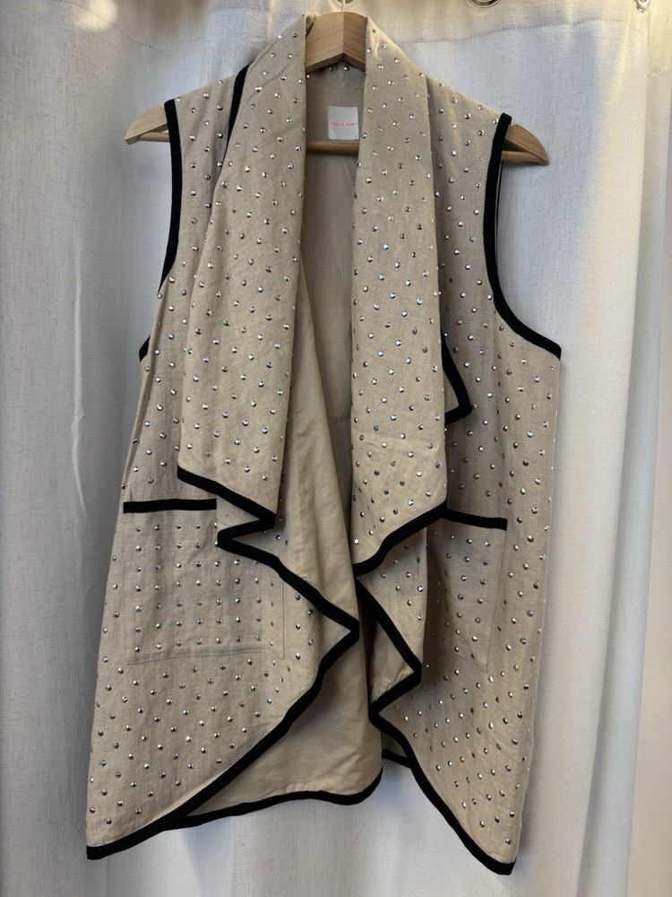 SASS & BIDE Taupe Linen Vest with Black Trim and Silver Studs Size S-M