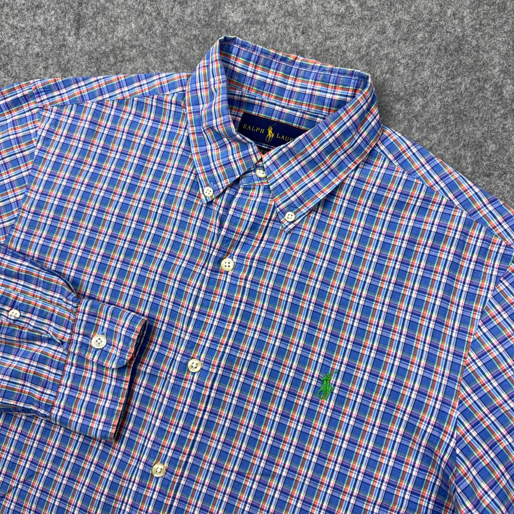 Ralph Lauren Shirt Mens Medium Blue Plaid Slim Fit Long Sleeve Button Down Pony