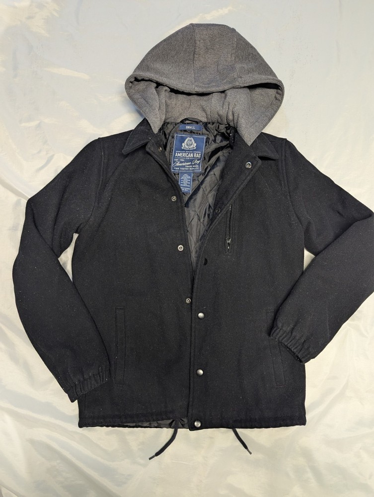 American Rag Men’s Small Wool Blend Coat Black Gray Cotton Hood Jacket Outerwear