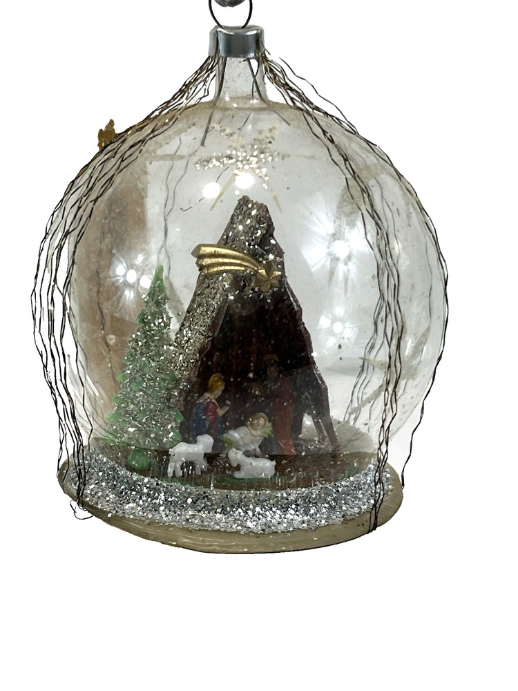 Vintage Blown Glass Nativity Diorama Ornament Delicate Wire Wrapped West Germany