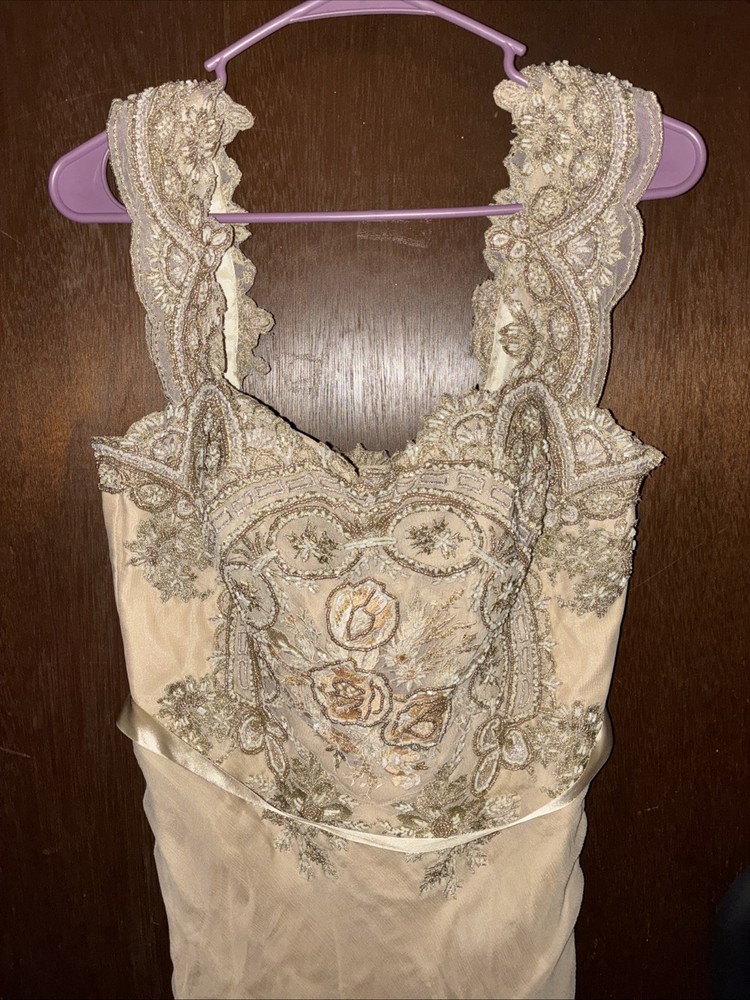 Alberto Makali Dress 100% Silk Beaded Off White S 10 Shawl Tiered Belt Side Zip