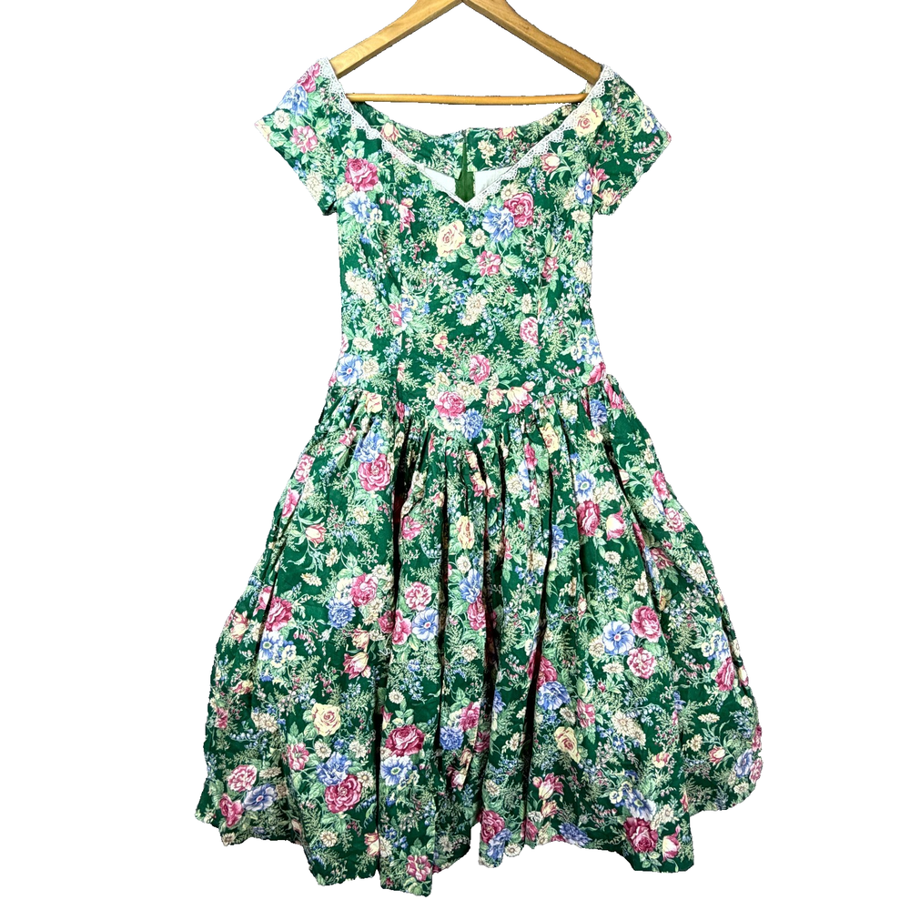 Vintage Tea Dress Womens S Green 80s Pastel Floral Print Garden Party Pleated