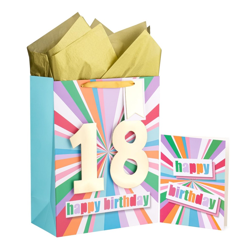 18th Birthday Gift Bag Set with Card & Tissue - 13 Inch Large  