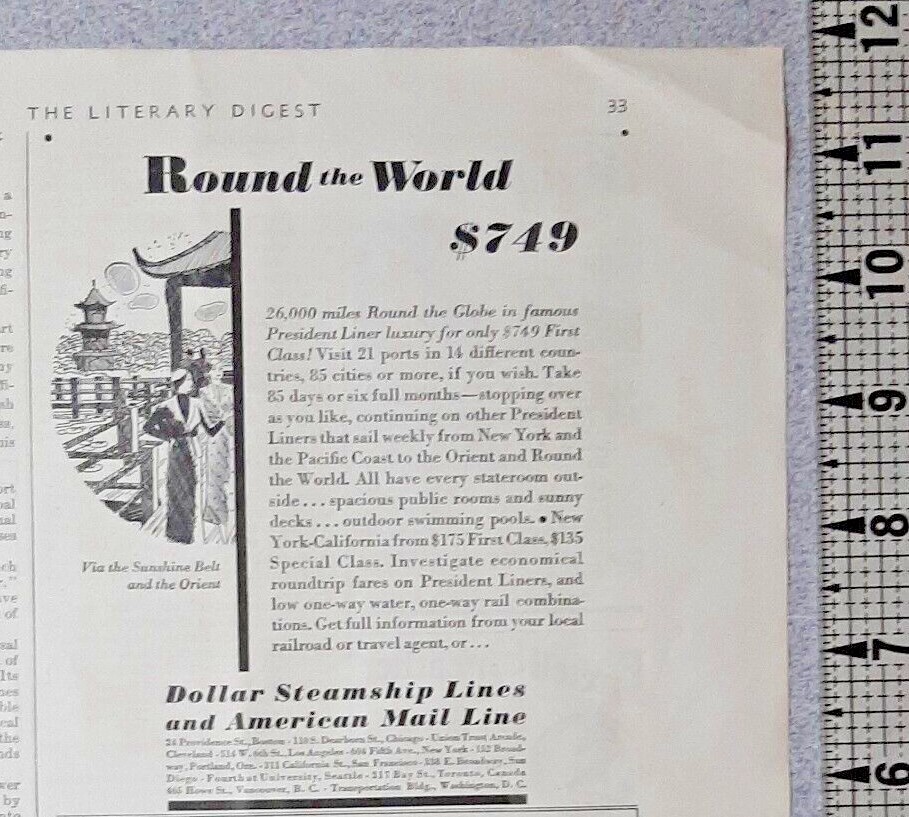 1932 Dollar Steamship Vintage Print Ad American Mail Line Cruise Round the World