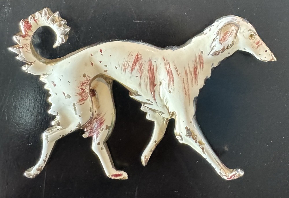 Vintage Costume Jewelry Dog Pin Whippet Enameled Signed Reja 2 1/4 X 2 1/4”