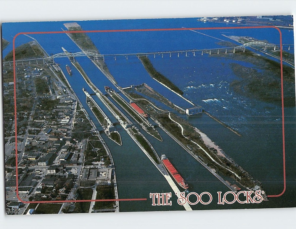 Postcard Aerial View Soo Locks Sault Ste. Marie Michigan USA