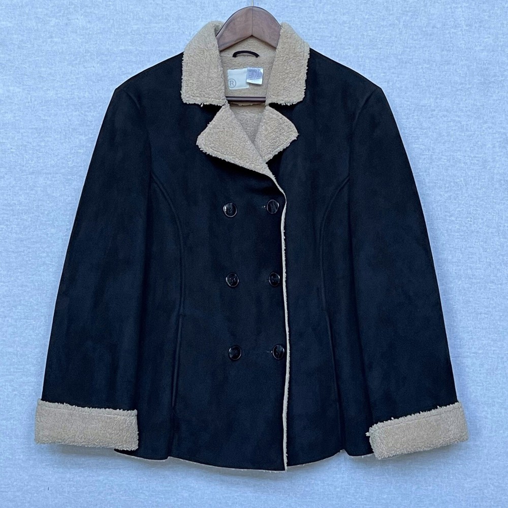 Brylane Women's Sherpa Lined Pea Coat Jacket Size 12 Black Double Breasted