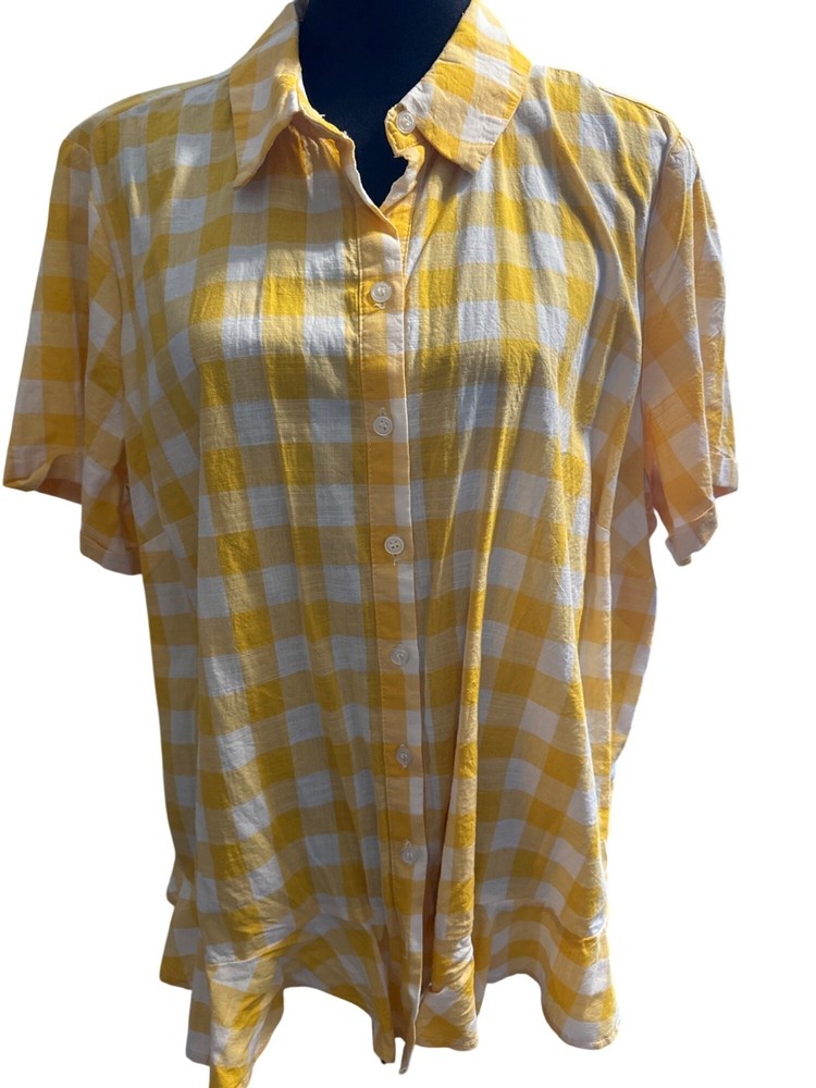 Jessica Simpson Yellow & White Gingham Button-Up Blouse Women’s 2X Short Sleeve