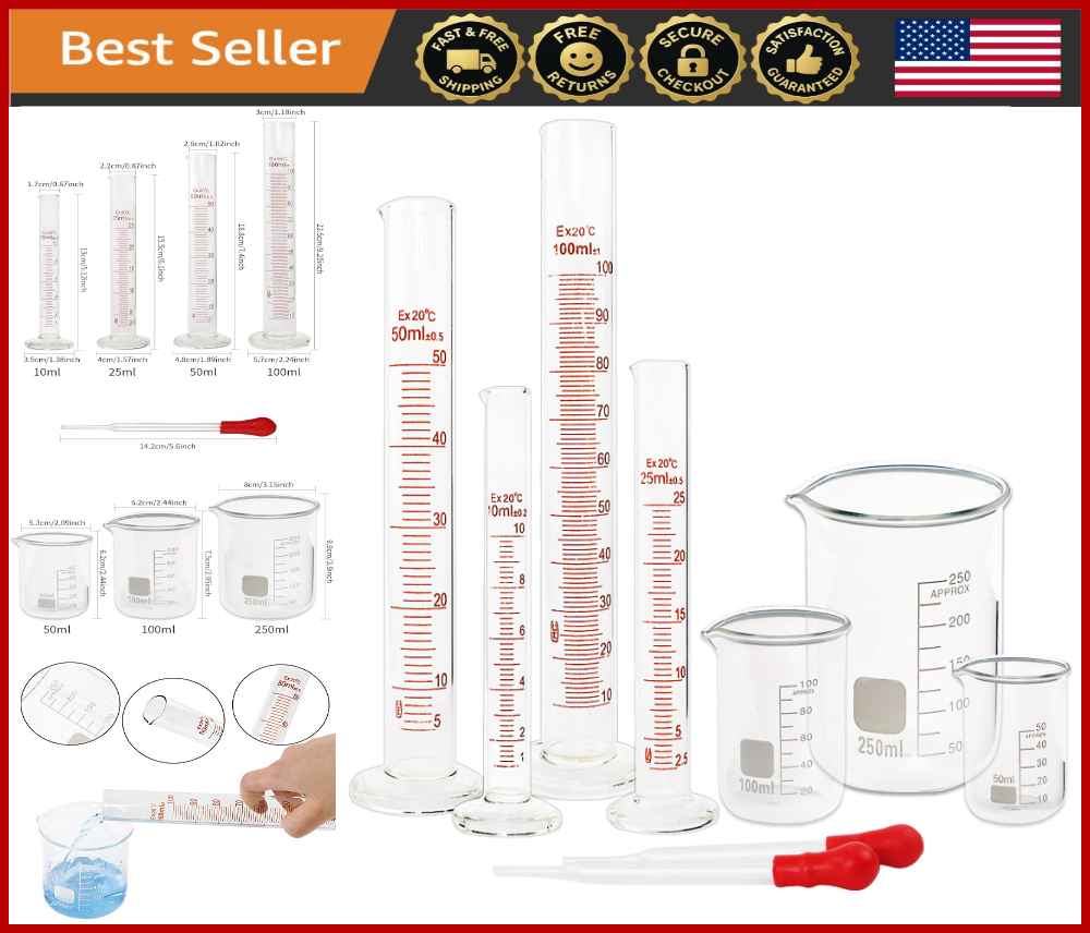 Lab Glassware Set: 10ml-250ml Graduated Cylinders & Beakers with Droppers