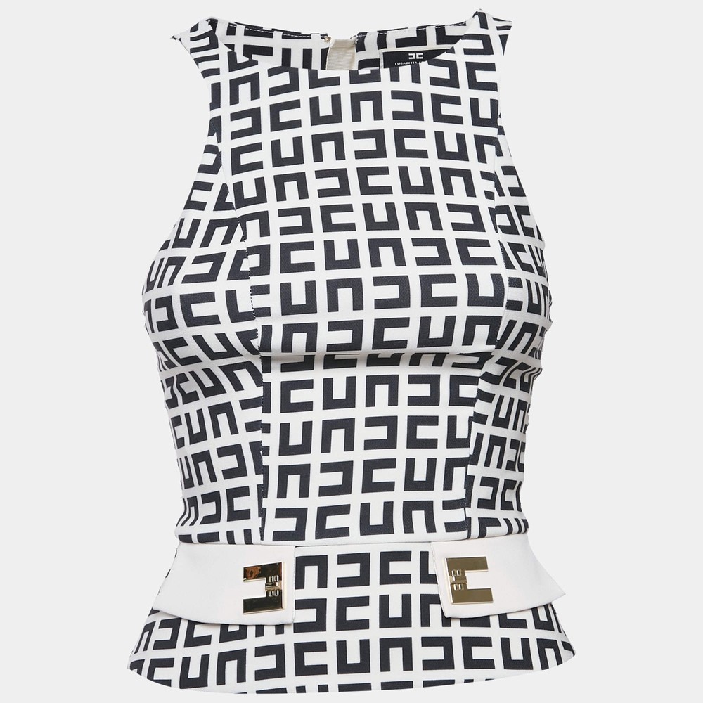 Elisabetta Franchi BeigeBlack Monogram Print Jersey Sleeveless Top S