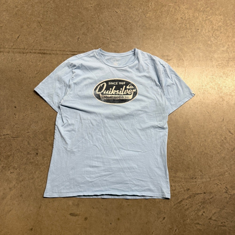 Quiksilver Mens XXL Light Blue Graphic T-Shirt Boardriding Co Surf Tee XXL