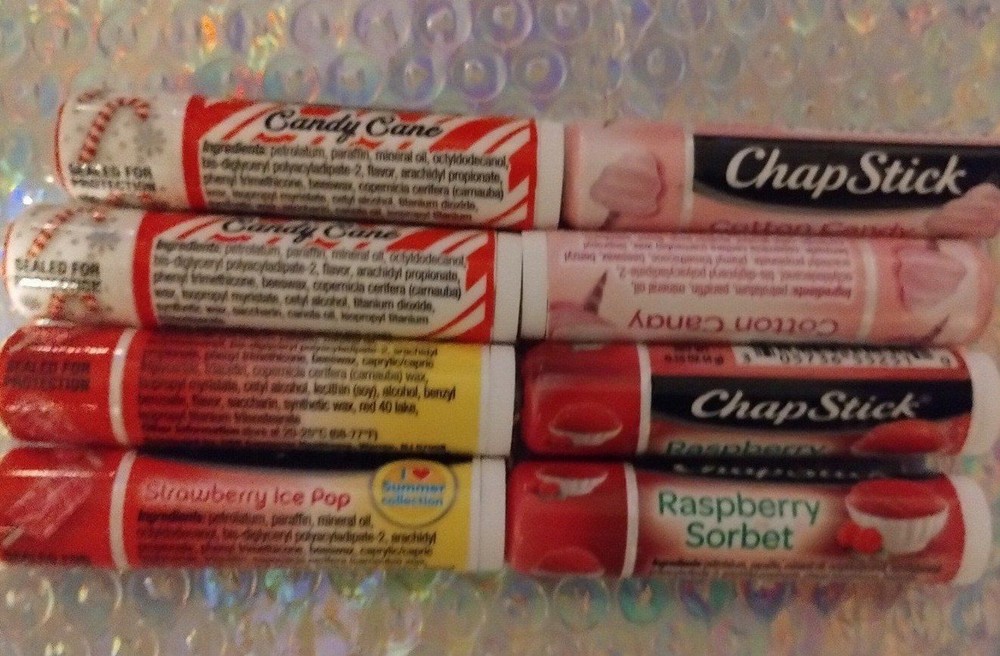 Chapstick Candy Cane, Cotton Candy, Rasp Sorbet - Strawberry Ice Pop 2 of each