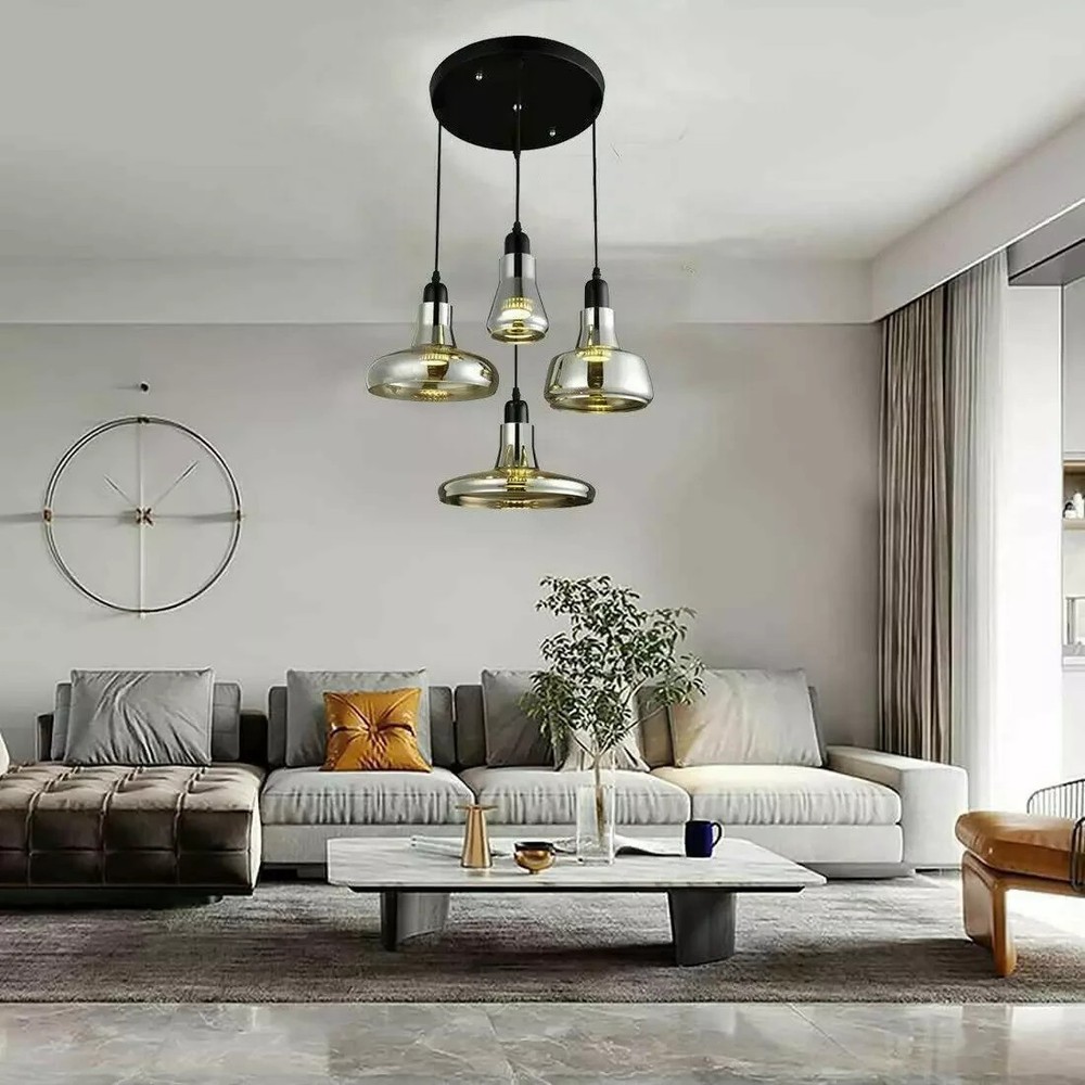 Black Glass Pendant Light Fixture 4-Light Adjustable Hanging Cord 13.77 In Dinin