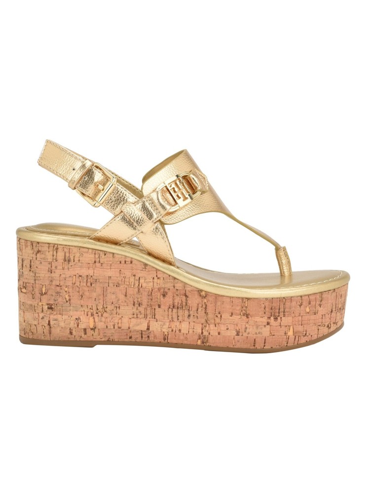 TOMMY HILFIGER Womens Gold Cork Platform Wedge Thong Sandals Size 10 M