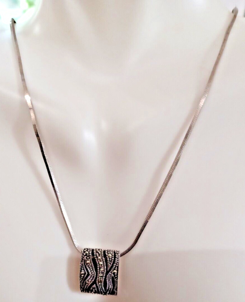 Vintage Sterling Silver Wavy Marcasite Slide Pendant Necklace
