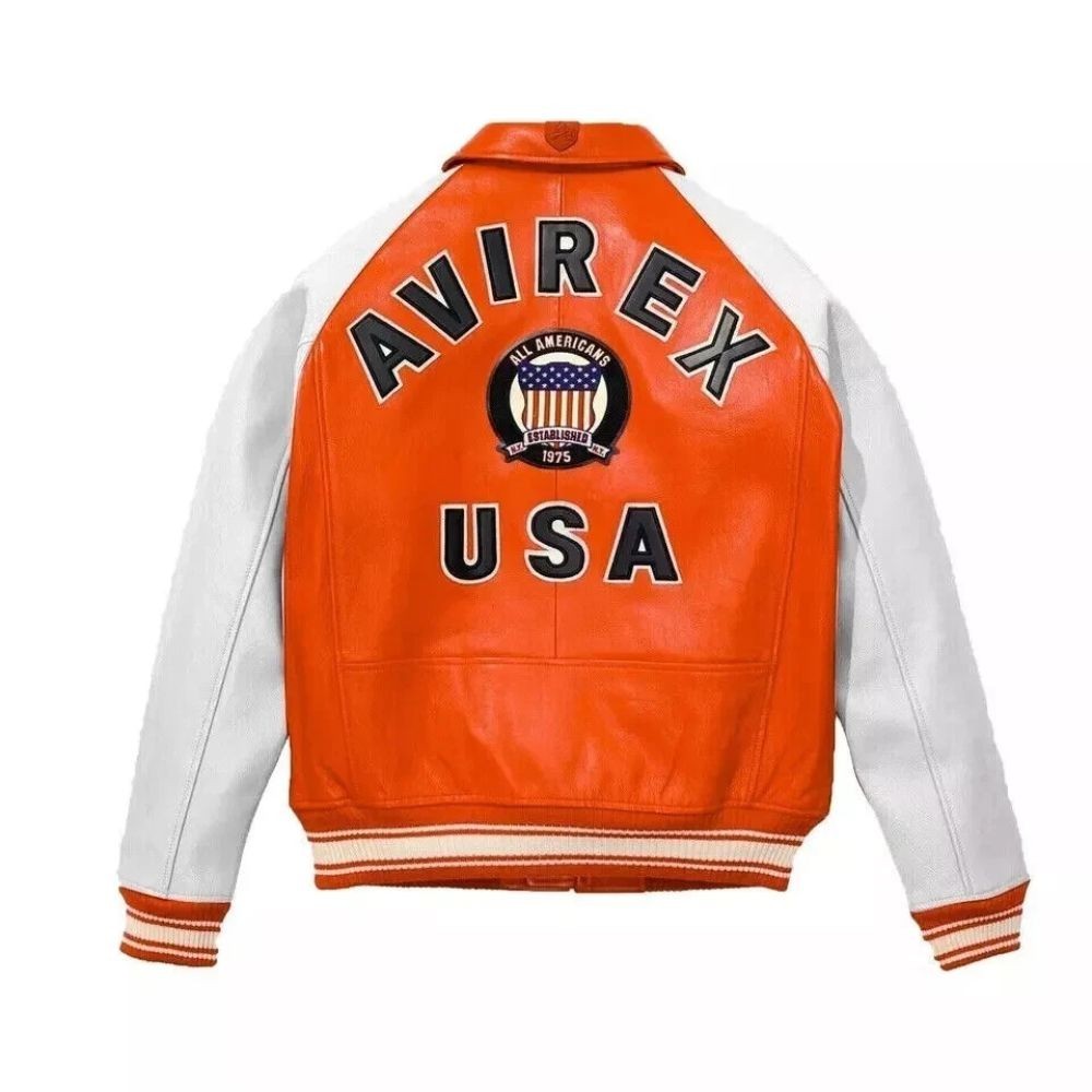 Avirex Cowhide Leather Jacket  Orange White Bomber Jacket Flight USA For Men's