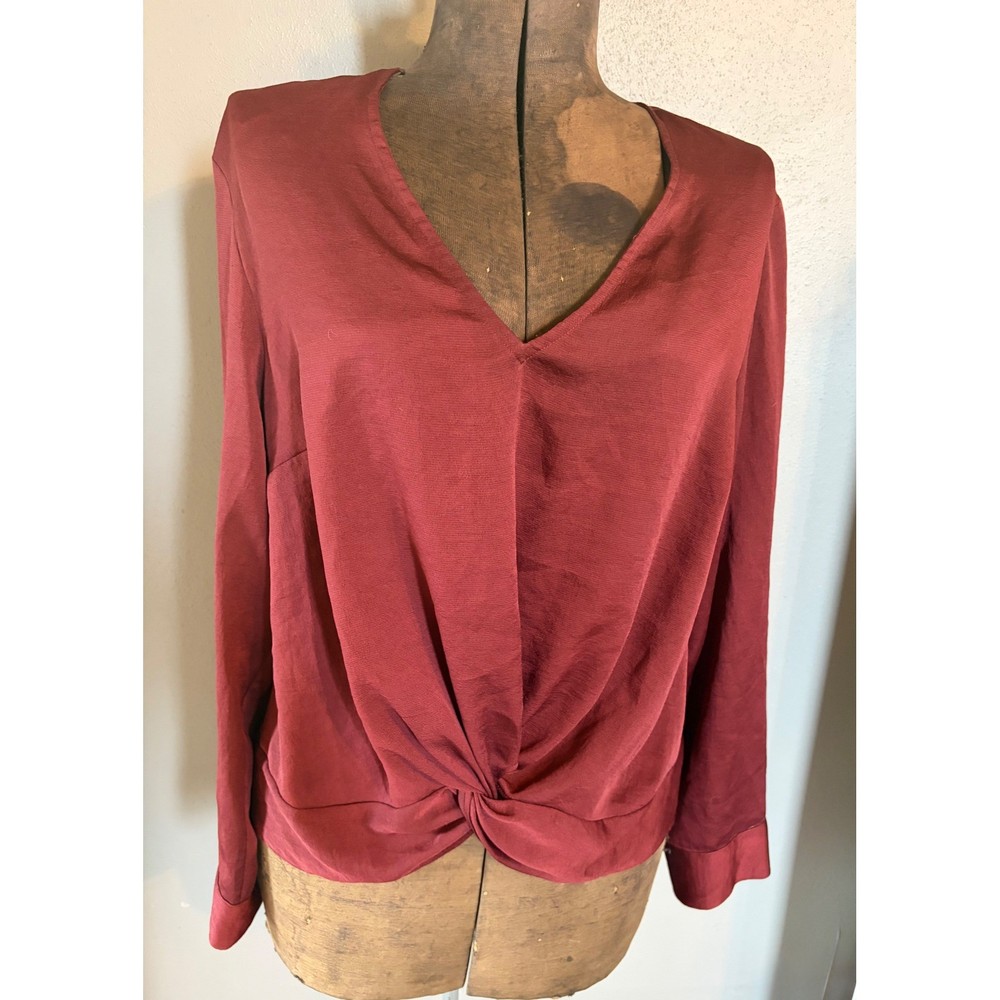 Express Womens Burgundy Twist Front V-Neck Long Sleeve Blouse Top Large 90240