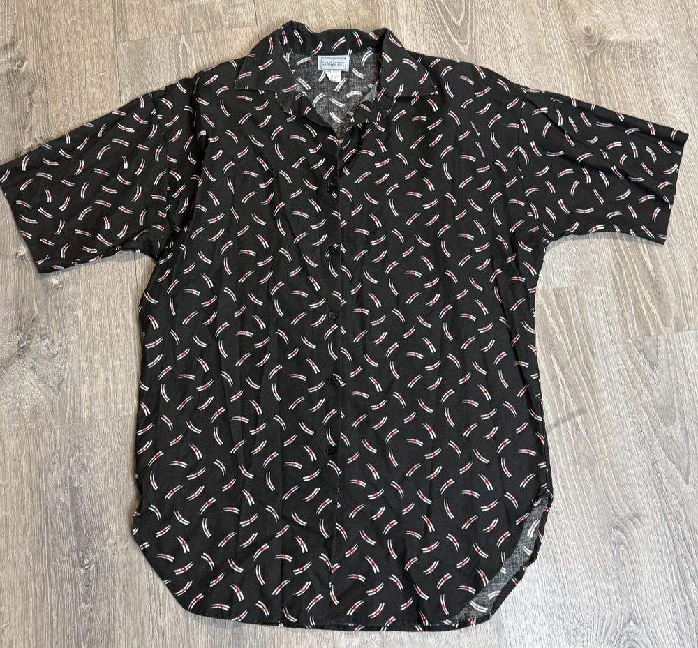 VTG 80s Black Button Blouse Medium Abstract Short Sleeve Power Shoulder USA Made