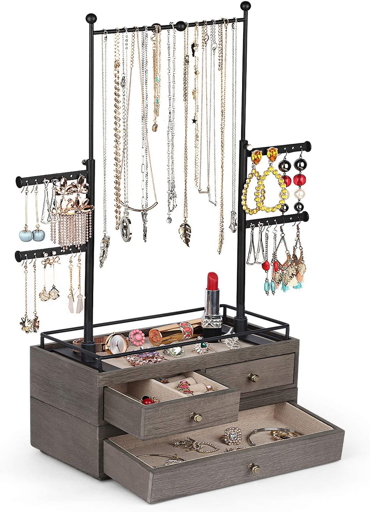 Jewelry Organizer - 2 Layer Wooden Jewelry Drawer Storage Box with 6 Tier Jewelr