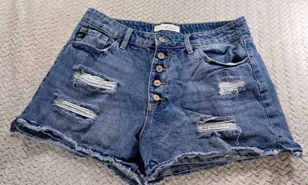 Kan Can Women's 13/30 Distressed High Rise Button Fly Denim Shorts Casual
