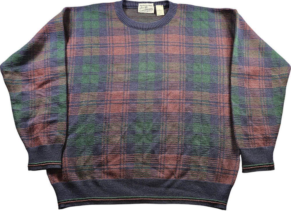 Vintage Sears Roebuck Sweater Mens Large Made in Italy Wool Blend Plaid Knit 90s