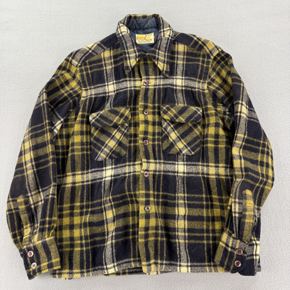 Vintage Cranbrook Jacket Mens Medium Yellow Black Plaid Wool Blend Quilted 90s