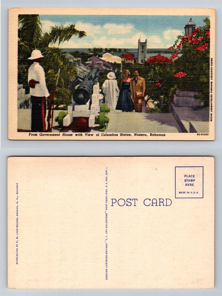 Nassau-Bahamas, Government House Columbus Statue Cannon View Vintage Postcard