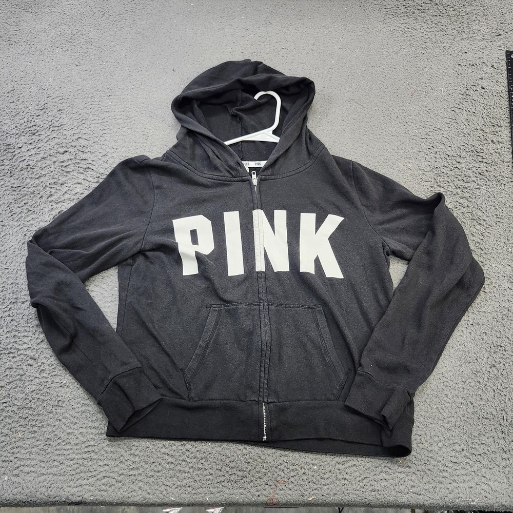 PINK Victoria's Secret Hoodie Womens Large Black Full Zip Logo Fleece Sweatshirt