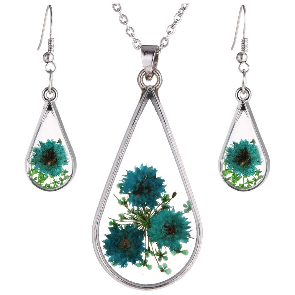 FM42 Red Turquoise Pressed Flower Teardrop Dangle Earrings with Pendant Necklace