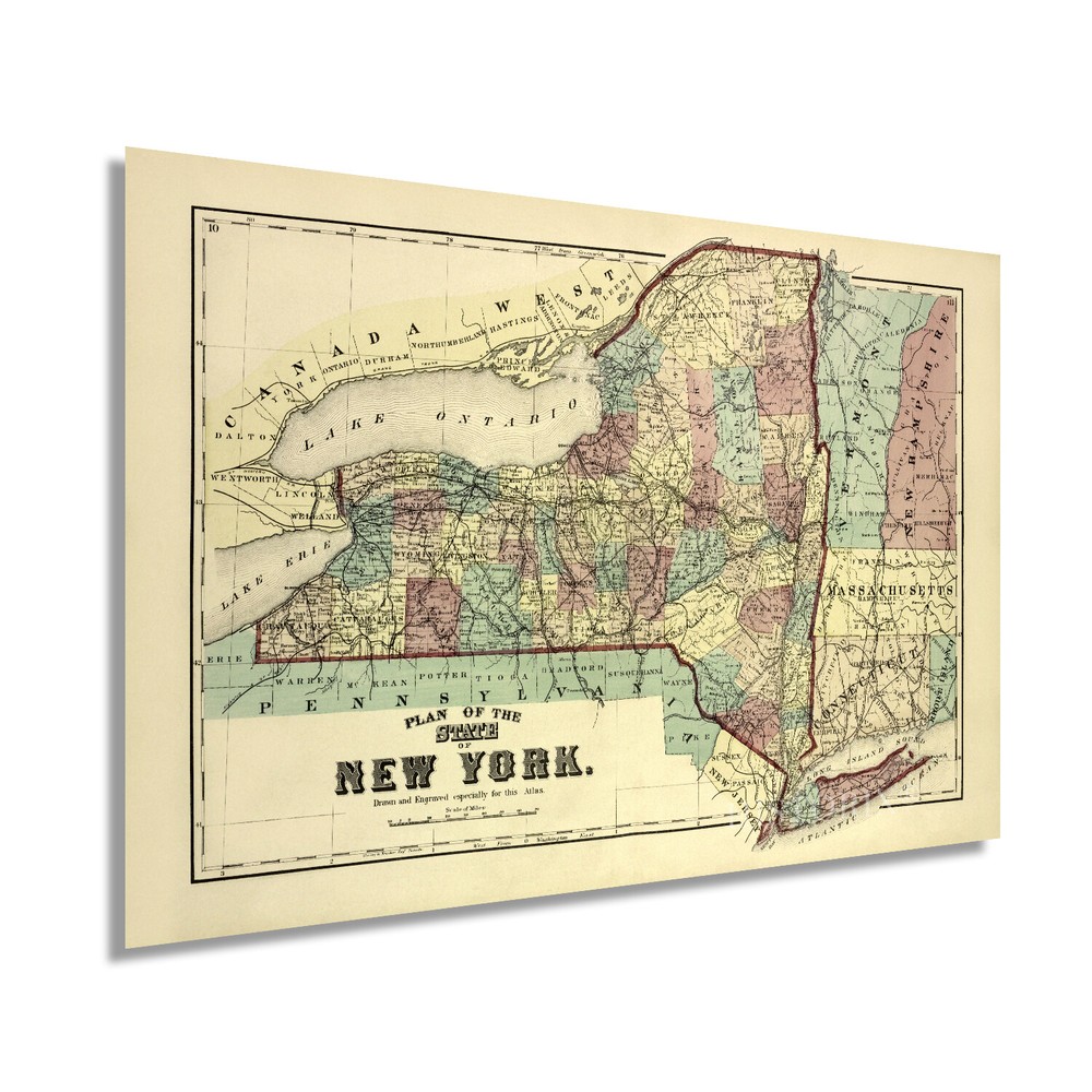 1875 New York State Map Print - Vintage State of New York Poster Wall Art Decor