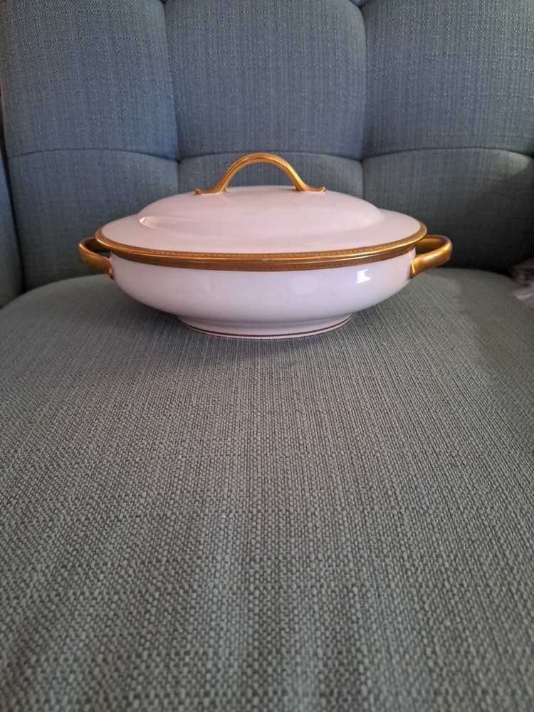 Antique W M Guerin & Co France Limoges White And Gold Trim Covered Dish Oval