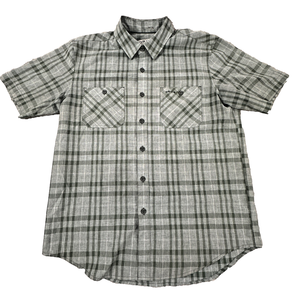 Orvis Men's Short Sleeve Button Up Shirt Size M Plaid Casual Gray Green Cotton
