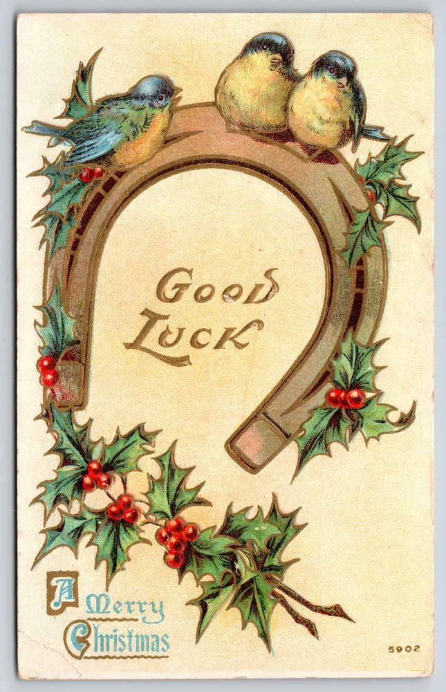 Holiday~Holly Horseshoe & Blue Birds Good Luck Christmas~Vintage Postcard