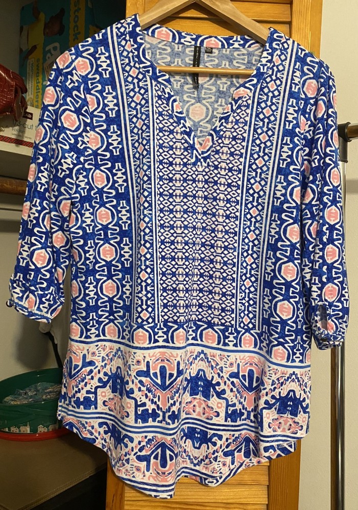NINE FOUR ONE Royal Blue/Navy/Pink Bohemian Border Tile Print Top PXL