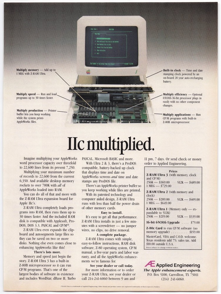 Applied Engineering Electronics Ad Apple IIc Z-RAM Ultra 1986 Vintage Tech