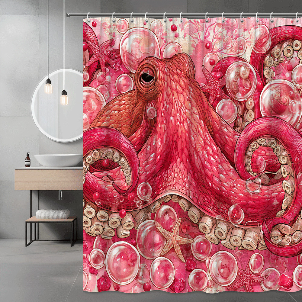 Pink Octopus Starfish Bubble Shower Curtain Ocean Graphic