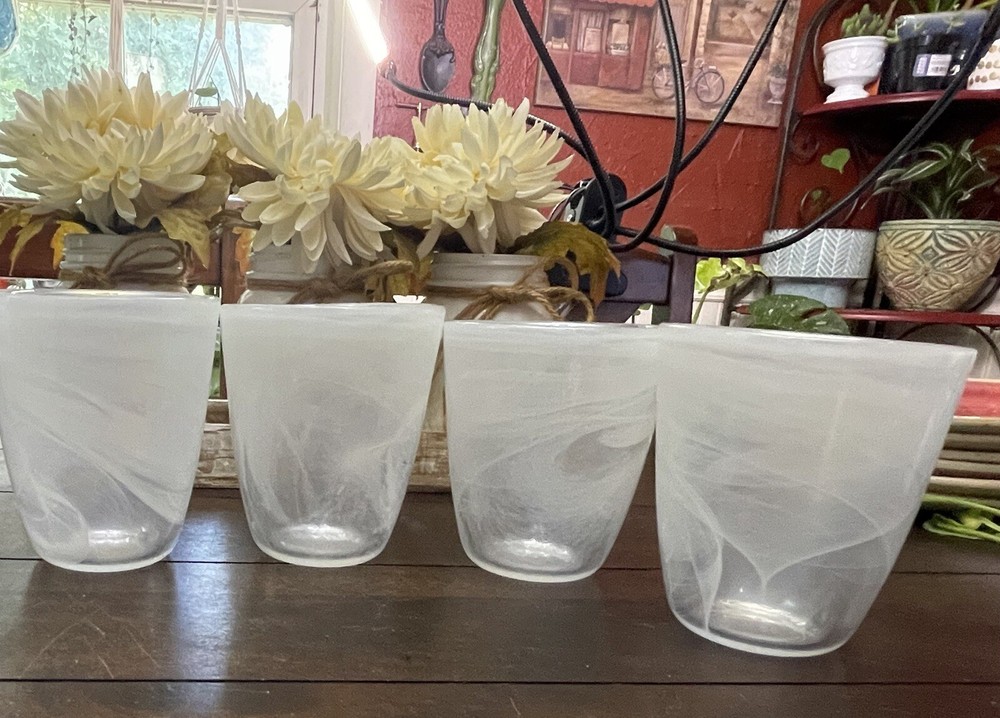 4 White Opal Iridescent Tumbler Glass Glasses 4.25” Very Heavy